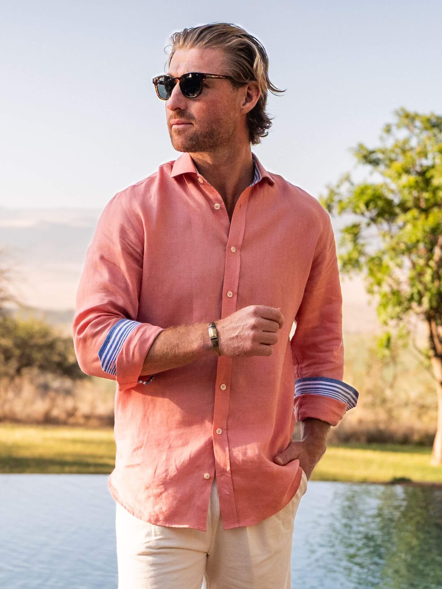 Men's Salmon Pink Linen Shirt Men's Salmon Pink Linen Shirt