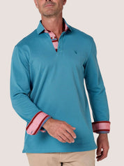 Slate Blue long-sleeve Cotton Piqué polo shirt, Kenyan Kikoy trim on the front placket, cuffs and collar