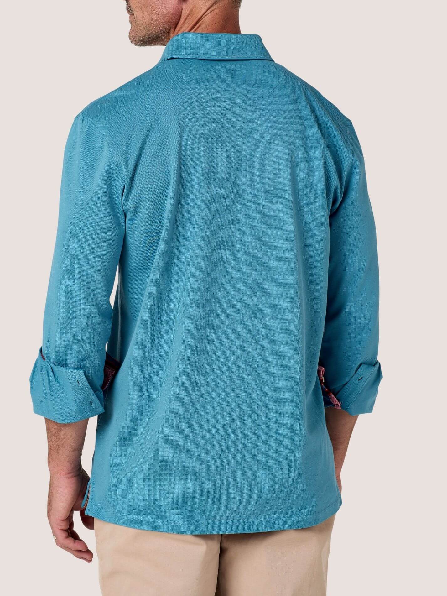 Slate Blue long-sleeve Cotton Piqué polo shirt, Kenyan Kikoy trim on the front placket, cuffs and collar