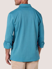 Slate Blue long-sleeve Cotton Piqué polo shirt, Kenyan Kikoy trim on the front placket, cuffs and collar