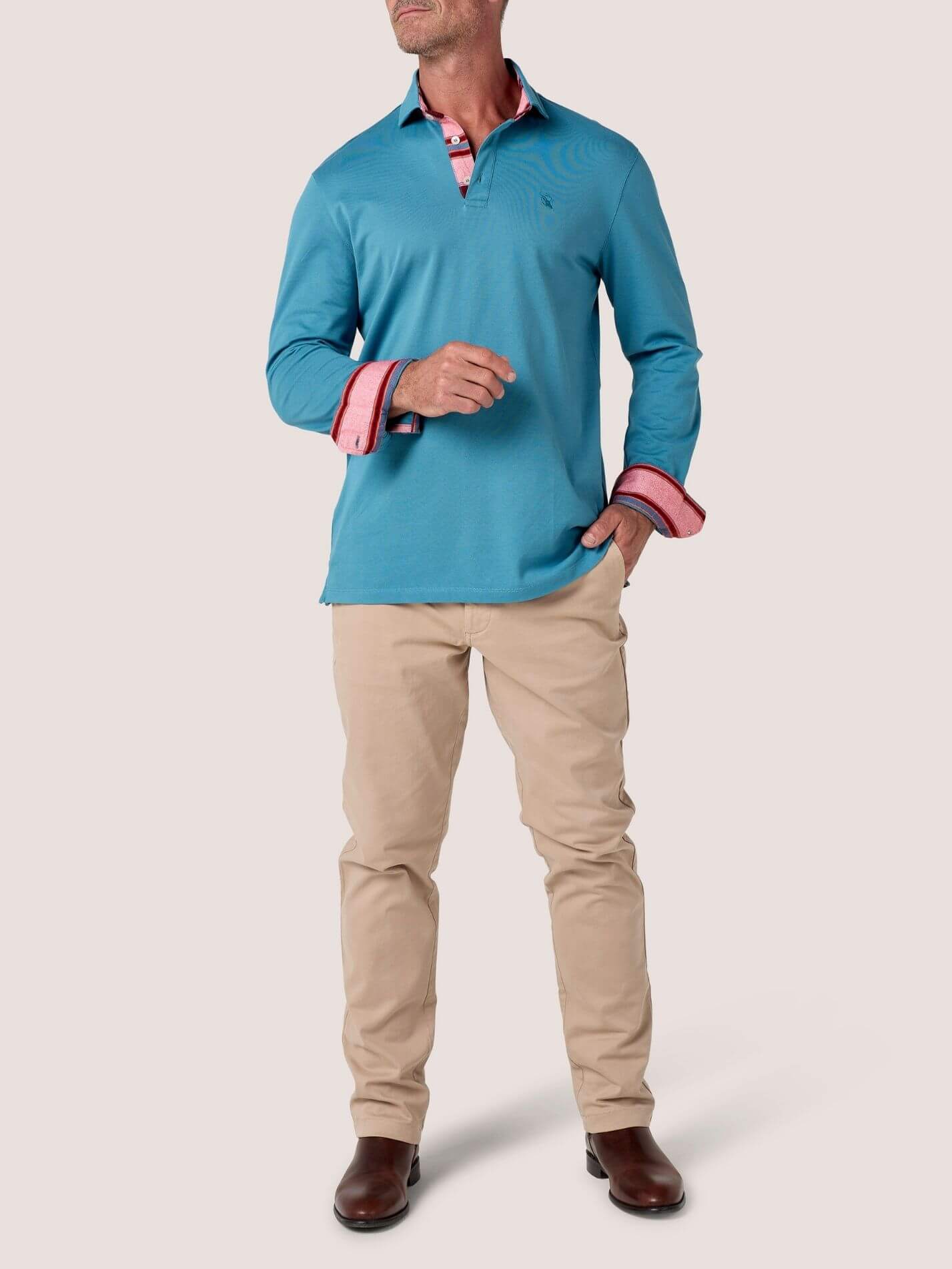 Slate Blue long-sleeve Cotton Piqué polo shirt, Kenyan Kikoy trim on the front placket, cuffs and collar