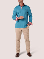 Slate Blue long-sleeve Cotton Piqué polo shirt, Kenyan Kikoy trim on the front placket, cuffs and collar
