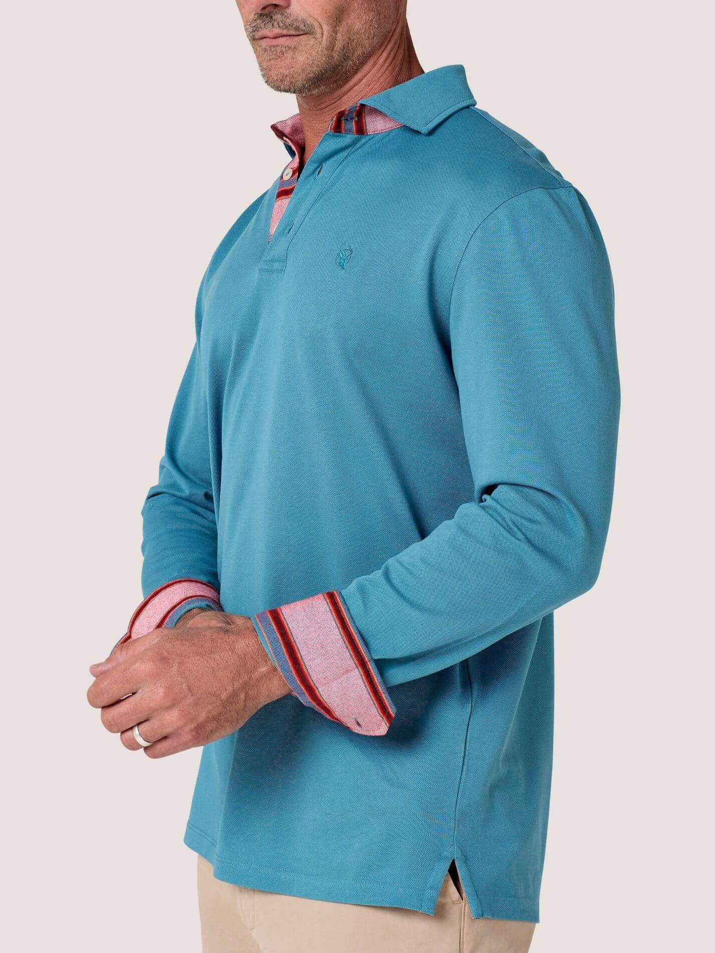 Slate Blue long-sleeve Cotton Piqué polo shirt, Kenyan Kikoy trim on the front placket, cuffs and collar