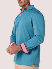 Slate Blue long-sleeve Cotton Piqué polo shirt, Kenyan Kikoy trim on the front placket, cuffs and collar