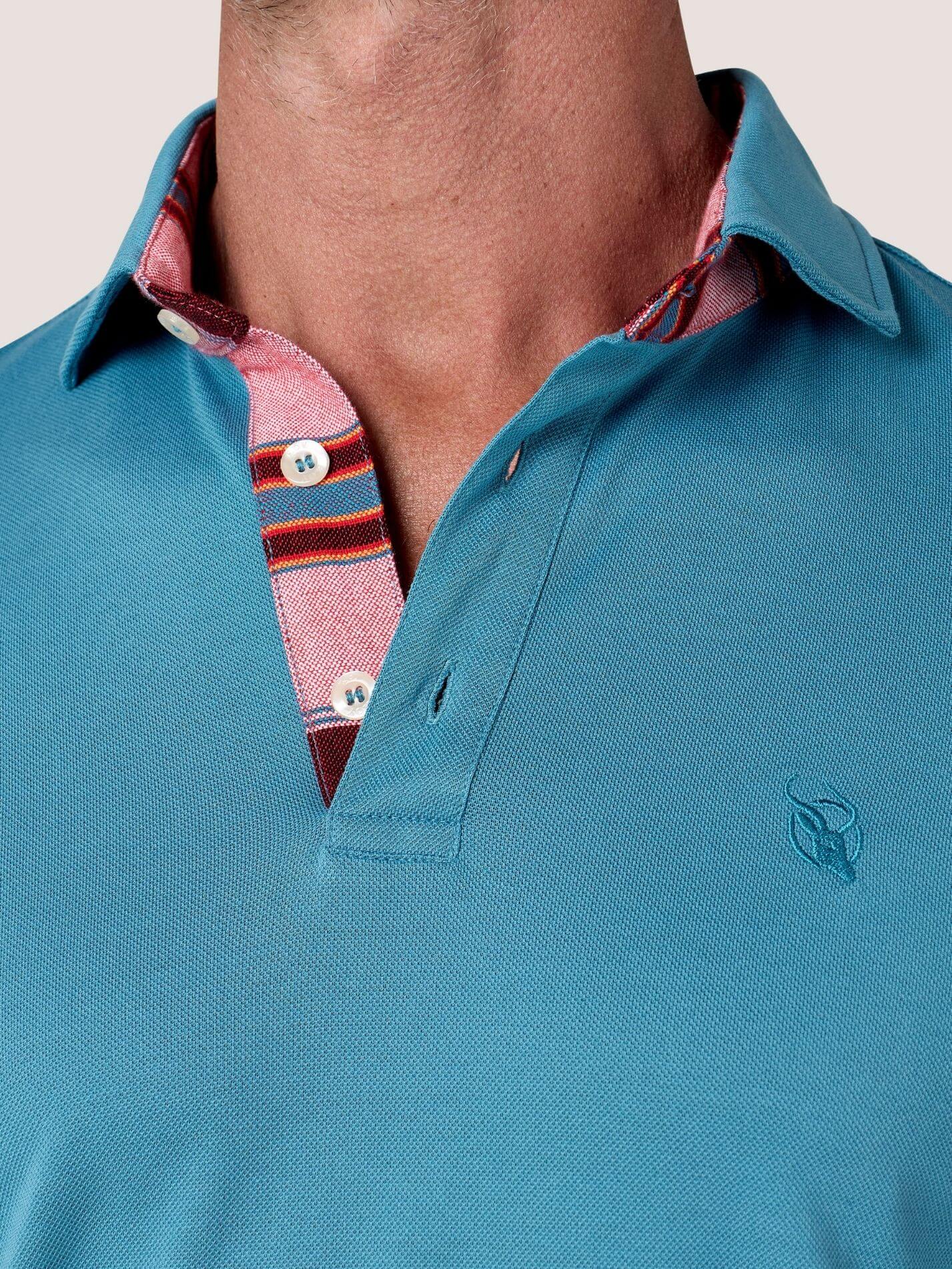 Slate Blue long-sleeve Cotton Piqué polo shirt, Kenyan Kikoy trim on the front placket, cuffs and collar