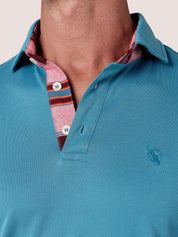 Slate Blue long-sleeve Cotton Piqué polo shirt, Kenyan Kikoy trim on the front placket, cuffs and collar