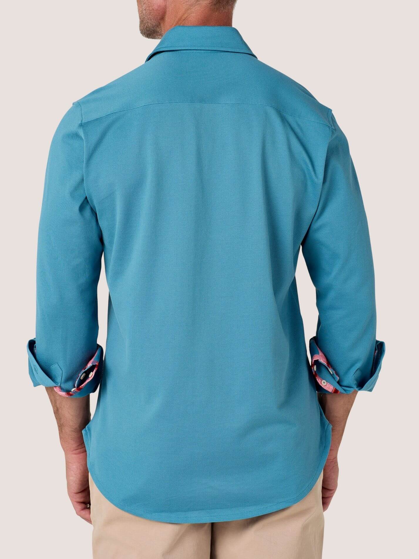 Slate Blue Cotton Piqué shirt with cutaway collar, Kenyan Kikoy trim inside the collar, cuffs and side gusset