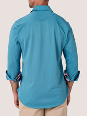Slate Blue Cotton Piqué shirt with cutaway collar, Kenyan Kikoy trim inside the collar, cuffs and side gusset