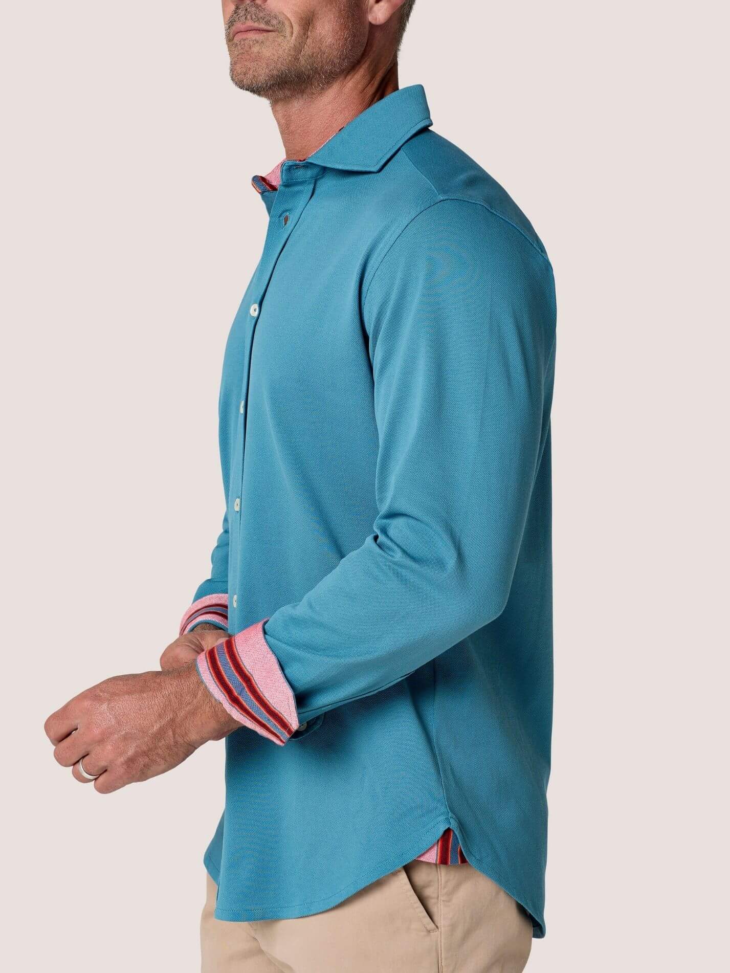Slate Blue Cotton Piqué shirt with cutaway collar, Kenyan Kikoy trim inside the collar, cuffs and side gusset