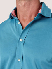 Slate Blue Cotton Piqué shirt with cutaway collar, Kenyan Kikoy trim inside the collar, cuffs and side gusset