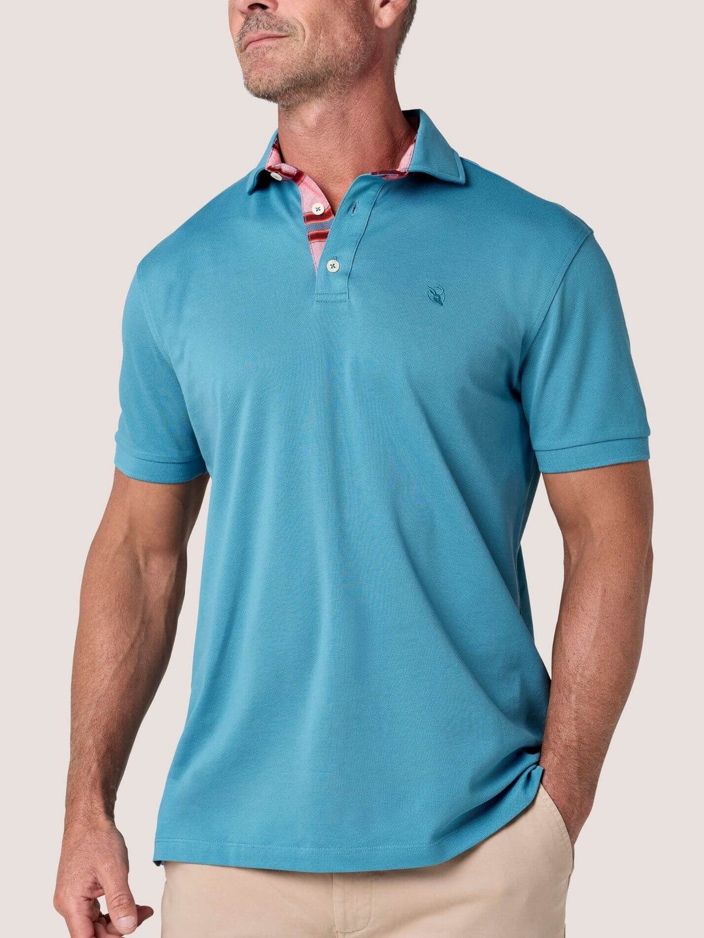 Slate Blue short-sleeve Cotton Piqué polo shirt, Kenyan Kikoy trim on the front placket and collar