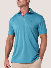 Slate Blue short-sleeve Cotton Piqué polo shirt, Kenyan Kikoy trim on the front placket and collar