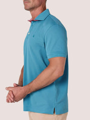 Slate Blue short-sleeve Cotton Piqué polo shirt, Kenyan Kikoy trim on the front placket and collar