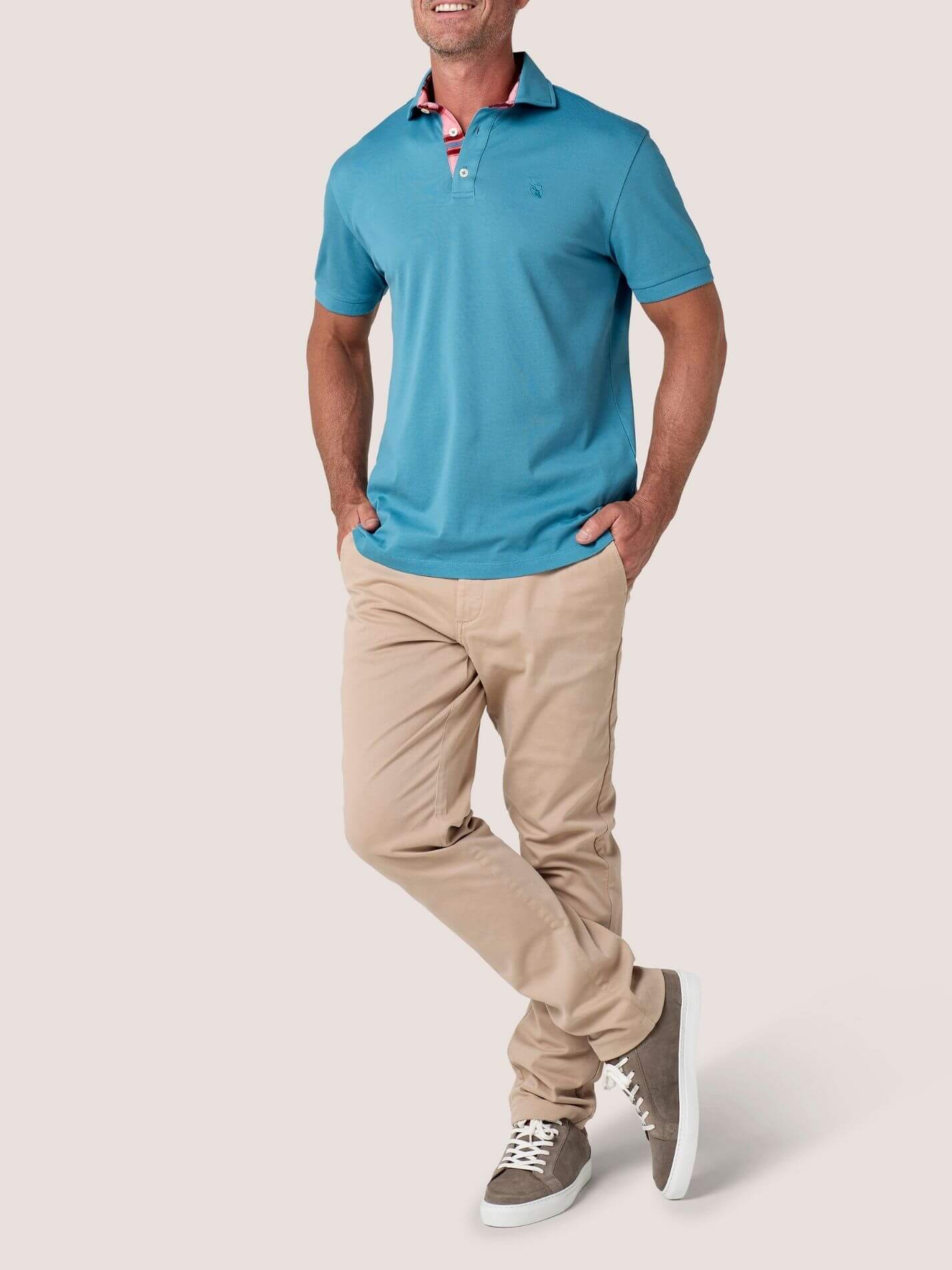 Slate Blue short-sleeve Cotton Piqué polo shirt, Kenyan Kikoy trim on the front placket and collar