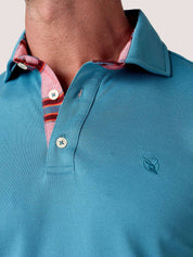 Slate Blue short-sleeve Cotton Piqué polo shirt, Kenyan Kikoy trim on the front placket and collar