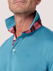 Slate Blue short-sleeve Cotton Piqué polo shirt, Kenyan Kikoy trim on the front placket and collar