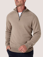 Stone quarter-zip jumper in 100% Merino wool, with Kenyan Kikoy trim inside the collar