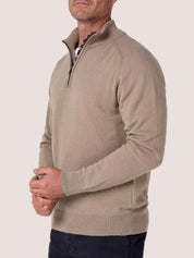 Stone quarter-zip jumper in 100% Merino wool, with Kenyan Kikoy trim inside the collar