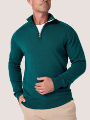 Teal quarter-zip jumper in 100% Merino wool, with Kenyan Kikoy trim inside the collar