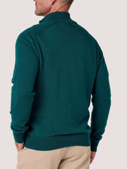 Teal quarter-zip jumper in 100% Merino wool, with Kenyan Kikoy trim inside the collar