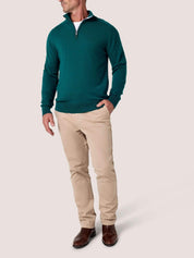 Teal quarter-zip jumper in 100% Merino wool, with Kenyan Kikoy trim inside the collar