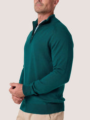 Teal quarter-zip jumper in 100% Merino wool, with Kenyan Kikoy trim inside the collar
