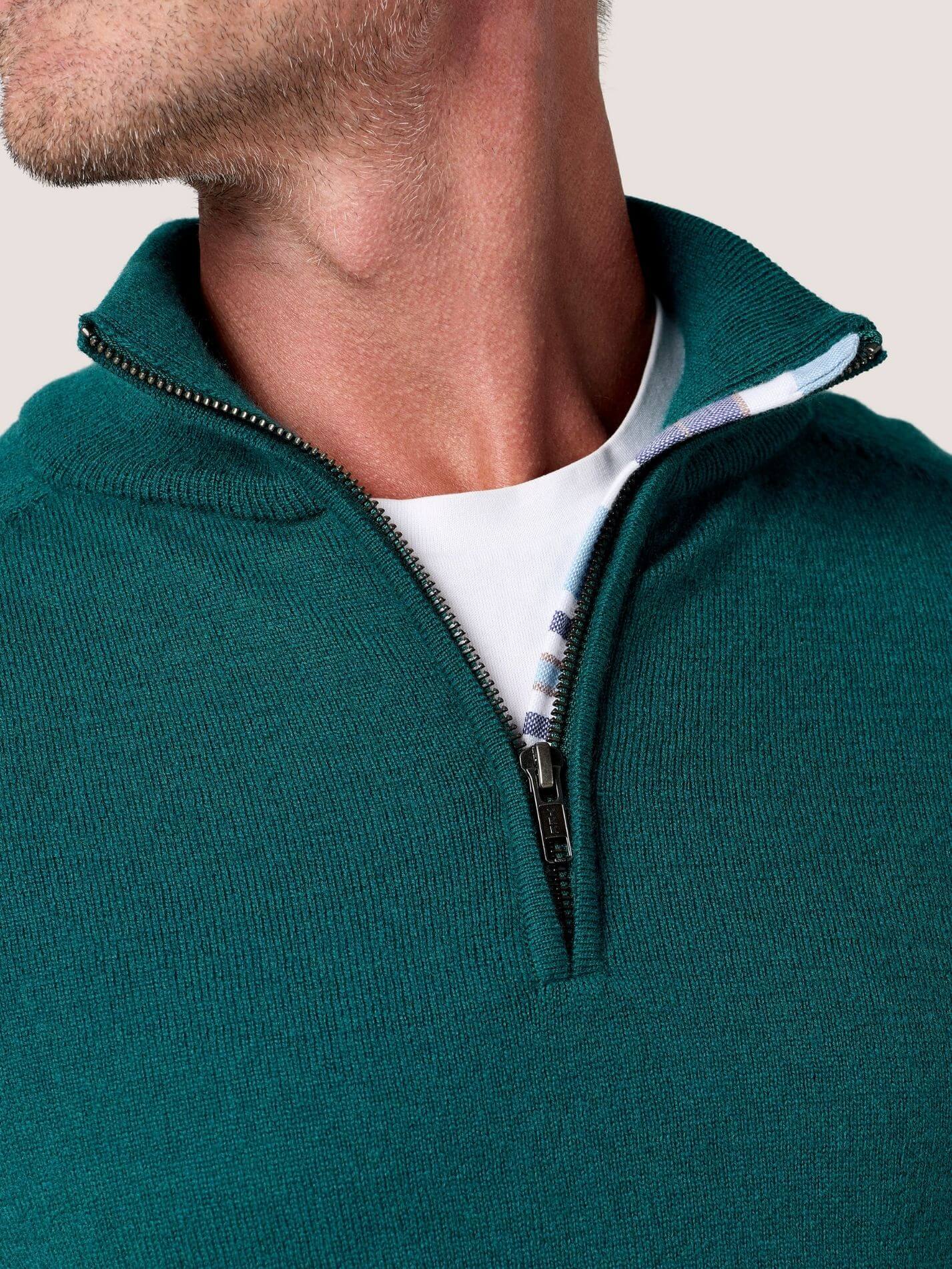 Teal quarter-zip jumper in 100% Merino wool, with Kenyan Kikoy trim inside the collar