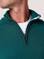 Teal quarter-zip jumper in 100% Merino wool, with Kenyan Kikoy trim inside the collar