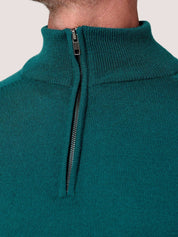 Teal quarter-zip jumper in 100% Merino wool, with Kenyan Kikoy trim inside the collar