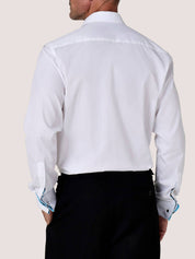 Rear view of the Koy white dress shirt showing the plain back yoke and Kikoy-lined cuff