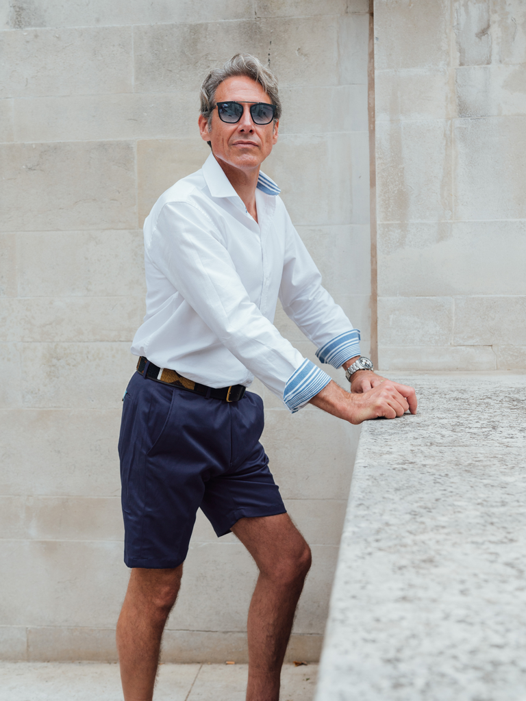 Mens blue top khaki shorts